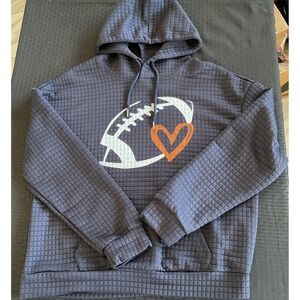 Football Heart Hoodie Womens Large Blue Waffle Knit Pullover Sweatshirt Game Day